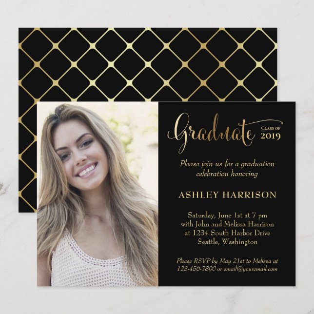 Modern Gold Black Photo Graduation Party Invitation (Front/Back)