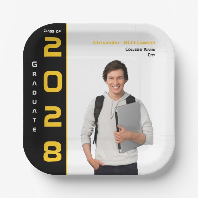 Modern Gold Black Photo Graduation Party Paper Plate (Front)
