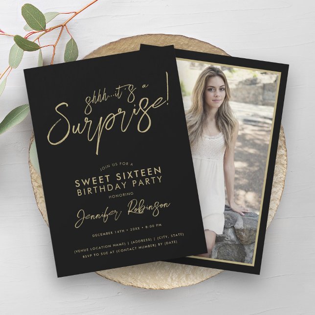 Modern Gold & Black Photo Surprise Sweet 16 Invitation (Modern Gold & Black Photo Surprise Sweet 16 Invitation)