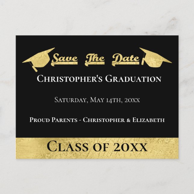 Modern  Gold Black Save The Date Graduation Cap Announcement Postcard (Front)