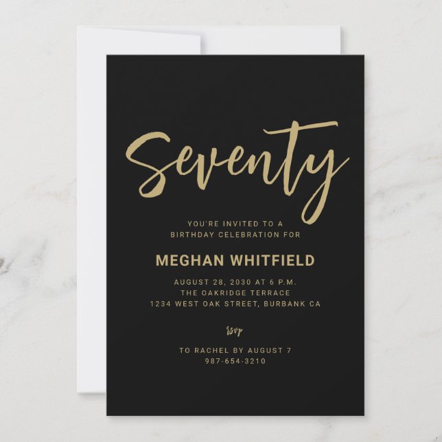Modern Gold Black Seventy Script 70th Birthday Invitation (Front)