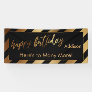 Modern Gold & Black Stripe Happy Birthday Banner