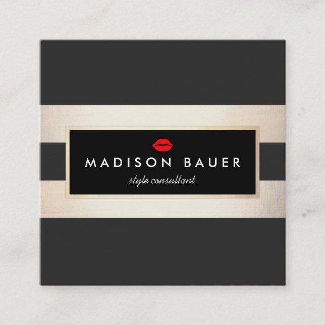 Modern Gold Black Striped Beauty Salon Square Business Card (Front)