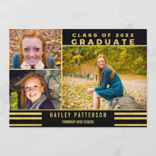 Modern Gold Black Stripes 3 Photo Graduation Invitation
