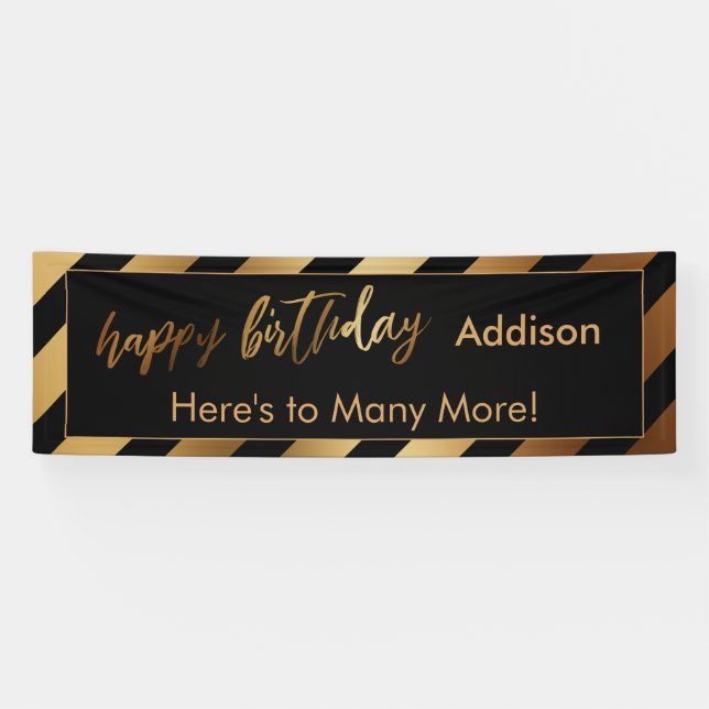 Modern Gold & Black Stripes Happy Birthday Banner (Horizontal)