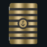 Modern Gold & Black Stripes Nautical Anchor iPad Mini Cover<br><div class="desc">Elegant modern monogramed gold metallic stripes over black background that you can change. White and gold circle for white nautical anchor illustration. Custom monogram. If you need any help customizing, changing colour, or anything else to any of my designs, contact ArtOnWear designer. Free text formatting with live help available by...</div>
