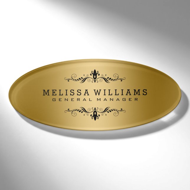 Modern Gold & Black Swirls Frame Name Tag (Front)
