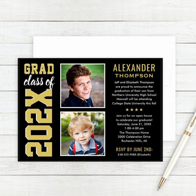 Modern Gold Black Two Photo Graduation Party Invitation (Creator Uploaded)