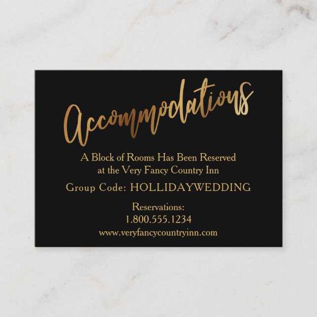 Modern Gold & Black Wedding Accommodations Enclosure Card (Front)