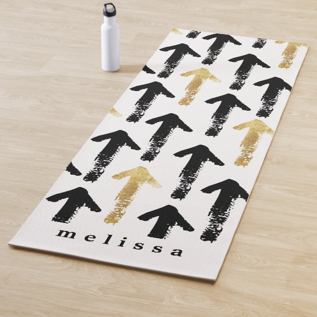 Modern Gold, Black & White Arrows Pattern Monogram Yoga Mat (In Situ)