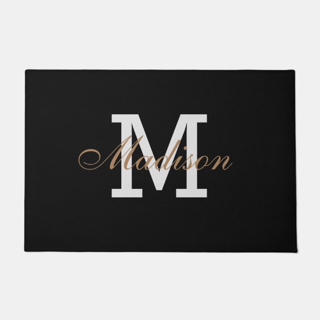 Modern Gold Black White Elegant Monogram Custom Doormat (Front)