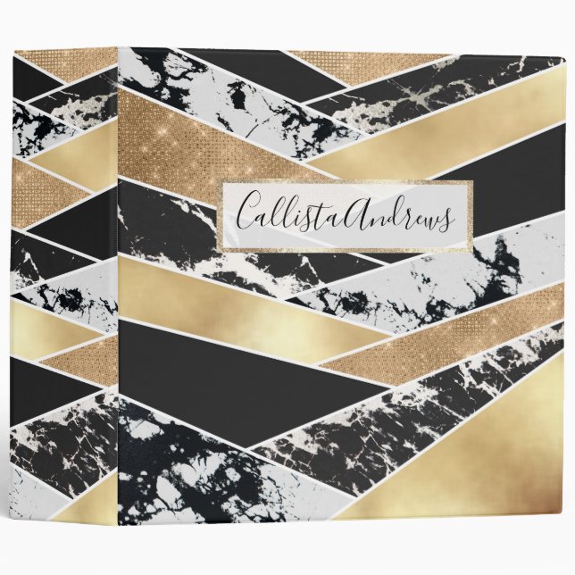 Modern Gold Black White Glitter Marble Geometric Binder (Front/Spine)