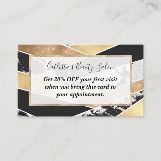 Modern Gold Black White Glitter Marble Geometric Discount Card (Front)