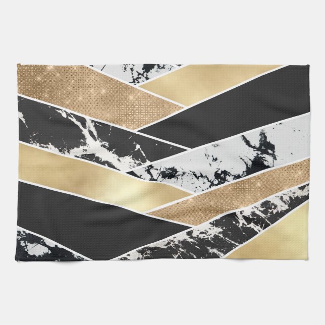 Modern Gold Black White Glitter Marble Geometric Kitchen Towel (Horizontal)