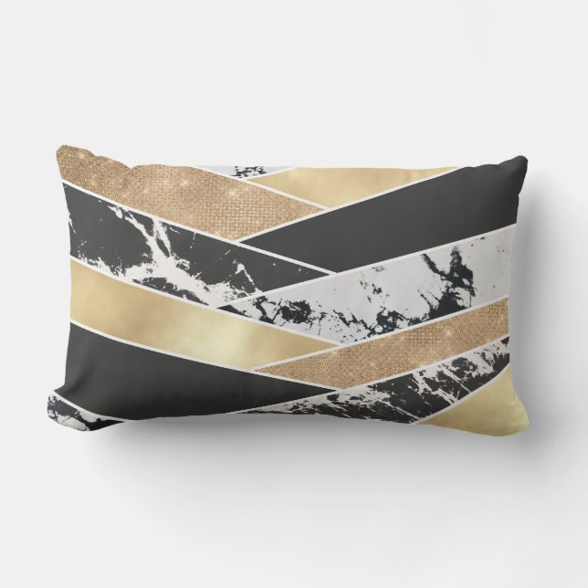 Modern Gold Black White Glitter Marble Geometric Lumbar Pillow (Front)