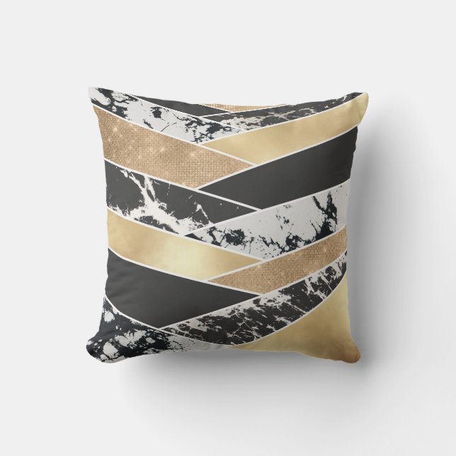 Modern Gold Black White Glitter Marble Geometric Outdoor Pillow (Front)