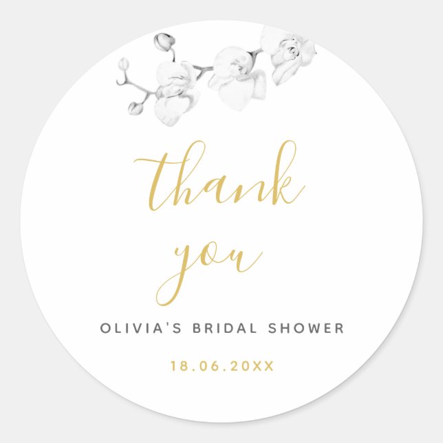 Modern Gold Black White Orchid Wedding Thank You Classic Round Sticker (Front)