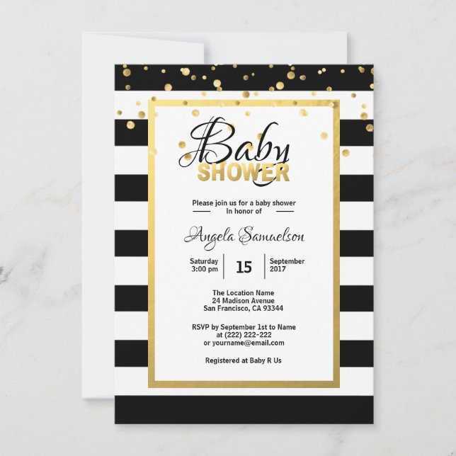 Modern Gold Black White Stripes Baby Shower Invitation (Front)