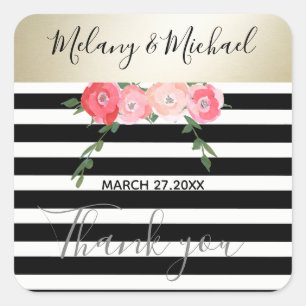 Modern gold Black/white stripes roses Thank you Square Sticker
