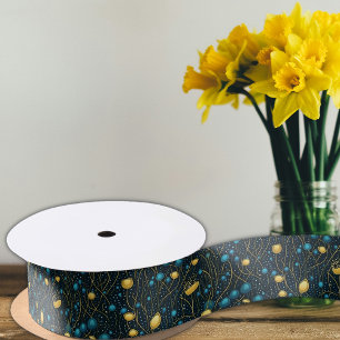 Modern Gold & Blue Abstract Floral Decoupage Satin Ribbon