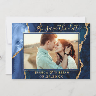 Modern Gold Blue Agate PHOTO Wedding Save the Date