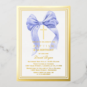 Modern Gold Blue Bow Boy 1st Birthday Baptism