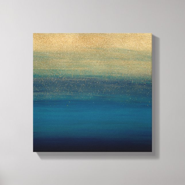 Modern Gold Blue Brush Strokes Painting Canvas Print (Front)