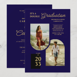 Modern Gold Blue Double Grad 2 Photo TMF26 Invitation