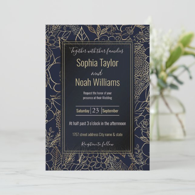 Modern Gold Blue Floral Doodles line art (Standing Front)