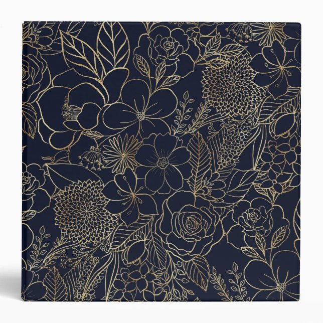 Modern Gold Blue Floral Doodles line art Binder (Front)