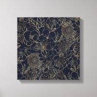 Modern Gold Blue Floral Doodles line art