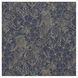 Modern Gold Blue Floral Doodles line art Fabric