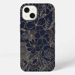 Modern Gold Blue Floral Doodles line art iPhone 13 Case