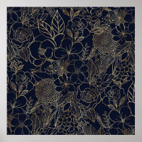 Modern Gold Blue Floral Doodles line art
