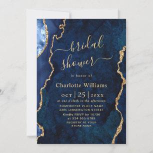 Modern Gold Blue Marble Agate Bridal Brunch Invitation