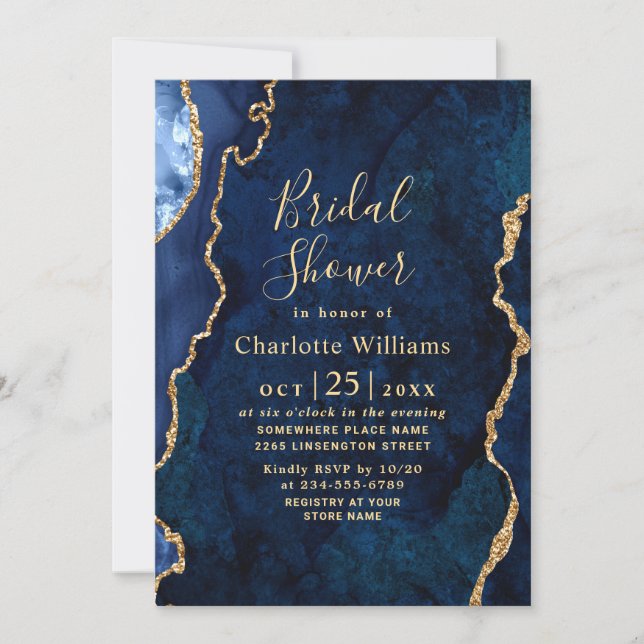 Modern Gold Blue Marble Agate Bridal Shower Invitation (Front)