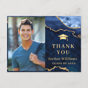 Modern Gold Blue Marble Agate Graduation Thank You Postcard