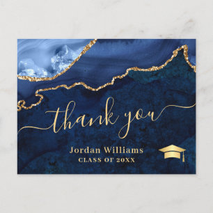Modern Gold Blue Marble Agate Graduation Thank You Postcard
