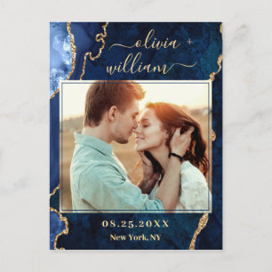 Modern Gold Blue Marble Agate PHOTO Save the Date Postcard