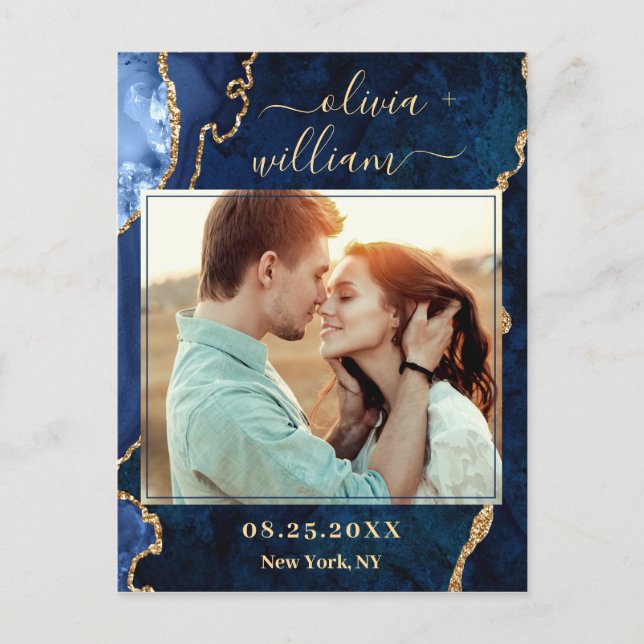 Modern Gold Blue Marble Agate PHOTO Save the Date  Postcard (Front)