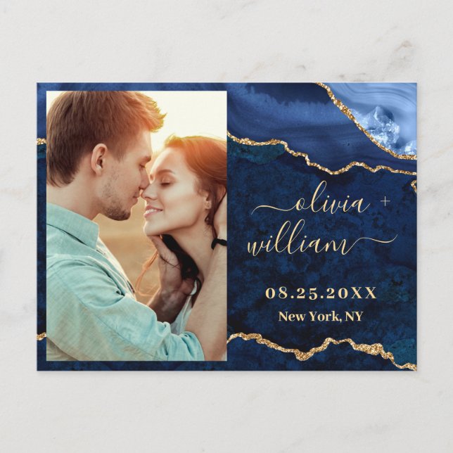 Modern Gold Blue Marble Agate PHOTO Save the Date Postcard (Front)