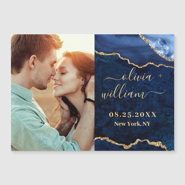 Modern Gold Blue Marble Agate PHOTO Wedding Magnetic Invitation (Front)