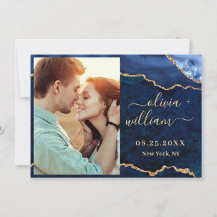 Modern Gold Blue Marble Agate PHOTO Wedding Save T The Date