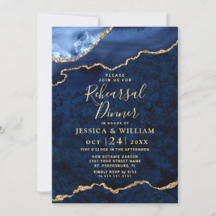 Modern Gold Blue Marble Agate Rehearsal Dinner Invitation