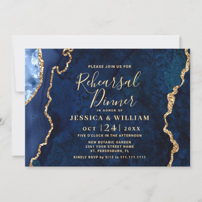 Modern Gold Blue Marble Agate Rehearsal Dinner Invitation (Front)