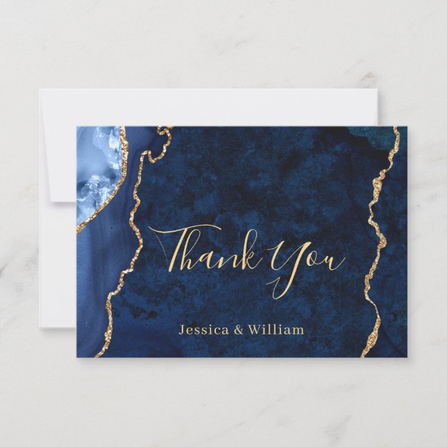 Modern Gold Blue Marble Agate Thank You Card (Front)
