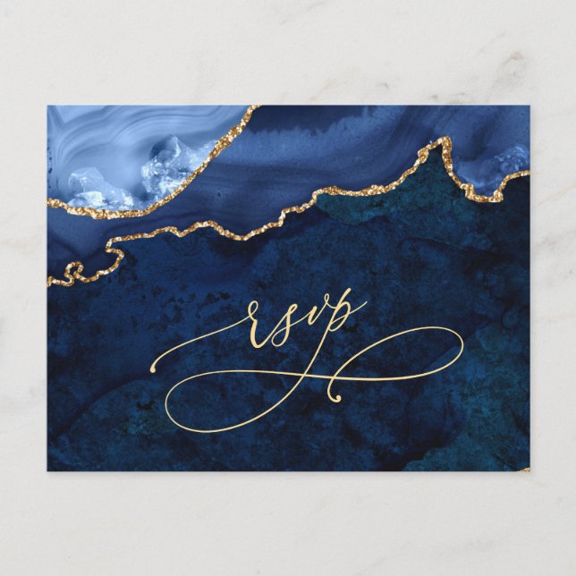 Modern Gold Blue Marble Agate Wedding RSVP Invitation Postcard (Front)