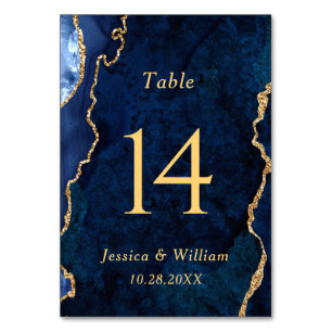 Modern Gold Blue Marble Agate Wedding Table Number