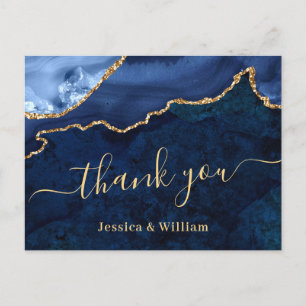 Modern Gold Blue Marble Agate Wedding Thank You Po Postcard