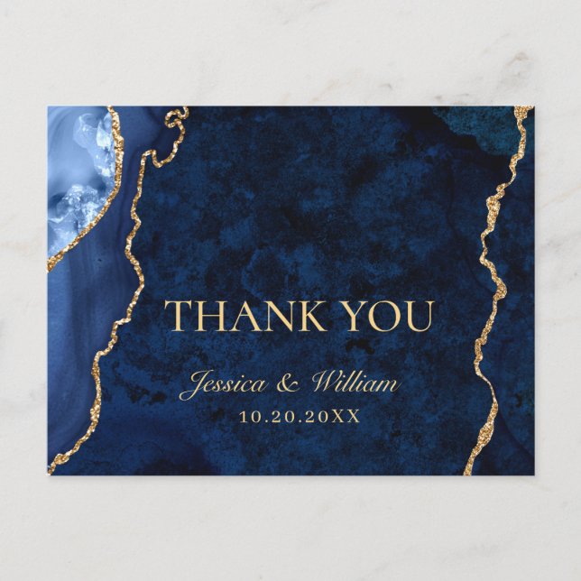 Modern Gold Blue Marble Agate Wedding Thank You Postcard (Front)